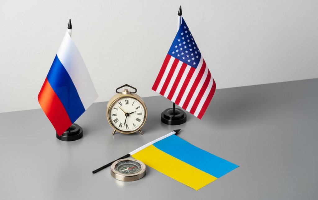 Прапори США, РФ та України.