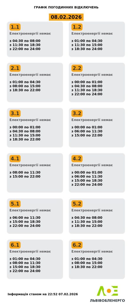 8 лютого у Львівській області діятимуть погодинні графіки відключення електроенергії