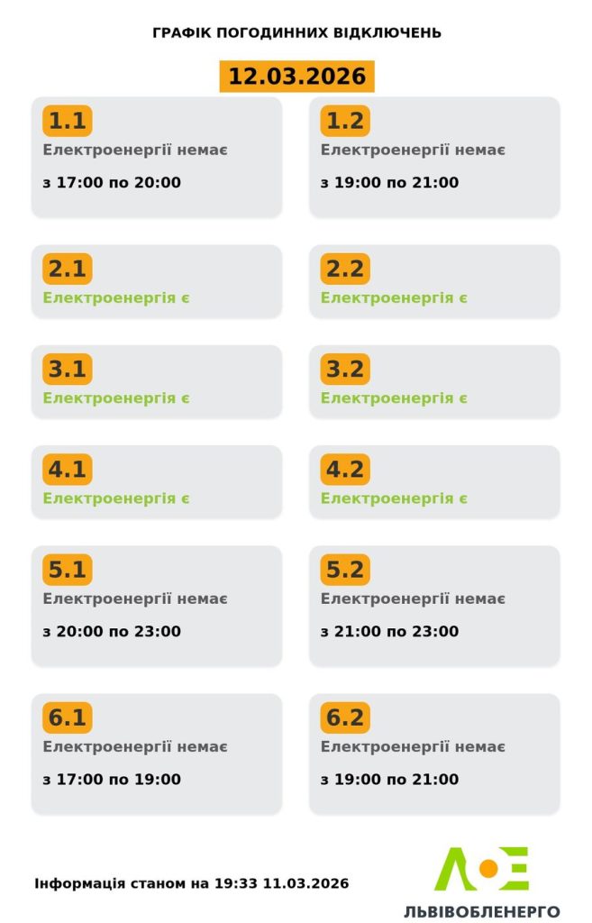 Графік відключення електроенергії для Львівської області на 12 березня 