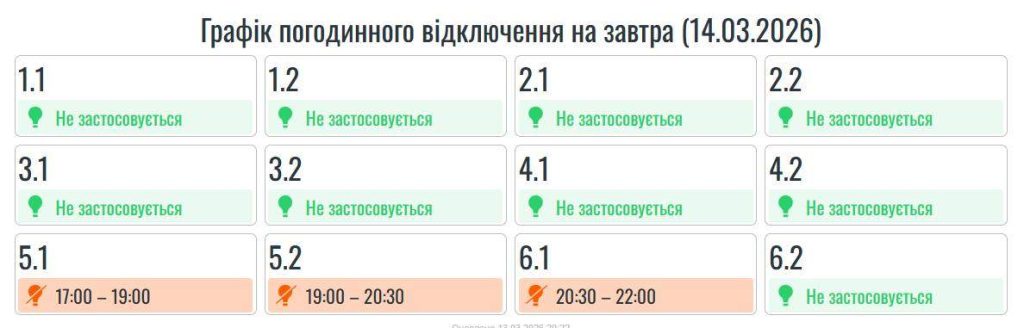 В Івано-Франківській області 14 березня діятиме графік  погодинних відключень світла